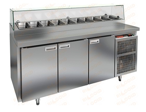 Стол охлаждаемый для пиццы HICOLD PZ2-111/GN стекло, бок, 3 двери, (+2...+10°С)